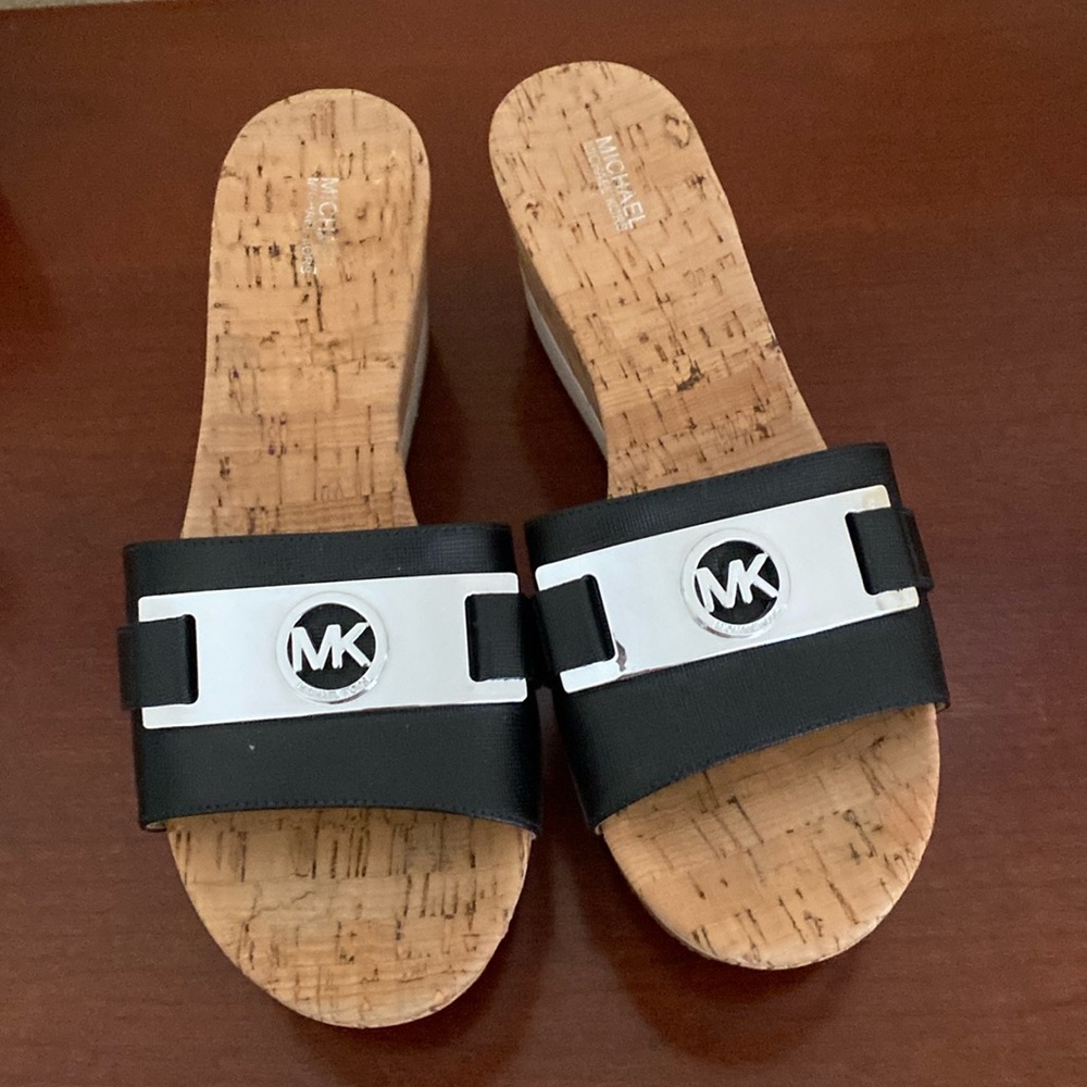 Michael Kors New Black Leather Upper Silver MK Logo Wedge Sandals